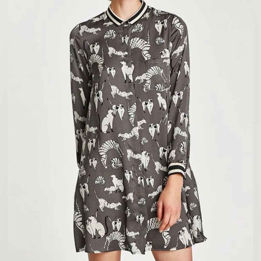 Zara Gray Long-Sleeve Printed Shirt Dress